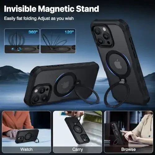 CENHUFO Privacy for iPhone 16 Pro Case [Compatible with Magsafe] Full Body Phone Case Built-in 9H Tempered Glass Privacy Screen Protector and 360° Spin Magnetic Stand Ring, Camera Lens Cover -Black - 6