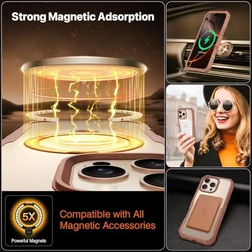 CENHUFO for iPhone 16 Pro Case [Compatible with Magsafe] Full Body Phone Case Built-in 9H Tempered Glass Privacy Screen Protector and 360° Spin Magnetic Stand Ring, Camera Lens Cover - Desert Brown - 4