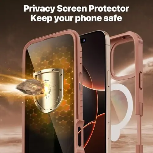 CENHUFO for iPhone 16 Pro Case [Compatible with Magsafe] Full Body Phone Case Built-in 9H Tempered Glass Privacy Screen Protector and 360° Spin Magnetic Stand Ring, Camera Lens Cover - Desert Brown - 7