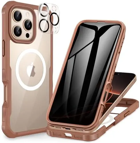 CENHUFO Magnetic Privacy for iPhone 16 Pro Max Case [Compatible with Magsafe] Full Body Phone Case Built-in 9H Tempered Glass Privacy Screen Protector and Camera Lens Protector Cover -Desert Brown - 1
