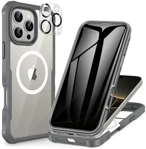 CENHUFO Magnetic Privacy for iPhone 16 Pro Max Case [Compatible with Magsafe] Full Body Phone Case Built-in 9H Tempered Glass Privacy Screen Protector Camera Lens Protector, Shockproof Cover - Gray 