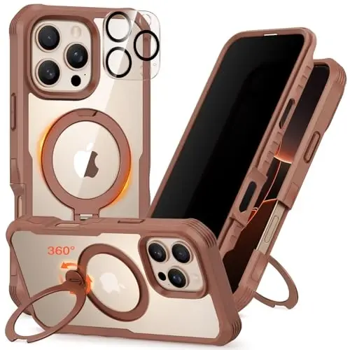 CENHUFO for iPhone 16 Pro Max Case, Compatible with Magsafe Full Body Phone Case Built-in 9H Tempered Glass Privacy Screen Protector and 360° Spin Magnetic Stand Ring Camera Lens Cover -Desert Brown - 1