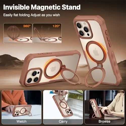 CENHUFO for iPhone 16 Pro Max Case, Compatible with Magsafe Full Body Phone Case Built-in 9H Tempered Glass Privacy Screen Protector and 360° Spin Magnetic Stand Ring Camera Lens Cover -Desert Brown - 5