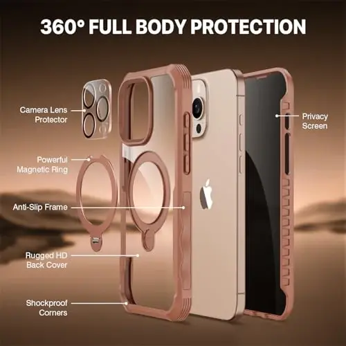CENHUFO iPhone 16 Pro Max uchun g'ilof, Magsafe bilan mos, to'liq korpusli telefon g'ilofi, o'rnatilgan 9H temperli shisha maxfiylik ekran himoyachisi va 360° aylanuvchi magnit stend halqasi kamera linzalari qopqog'i - Desert Brown - 3