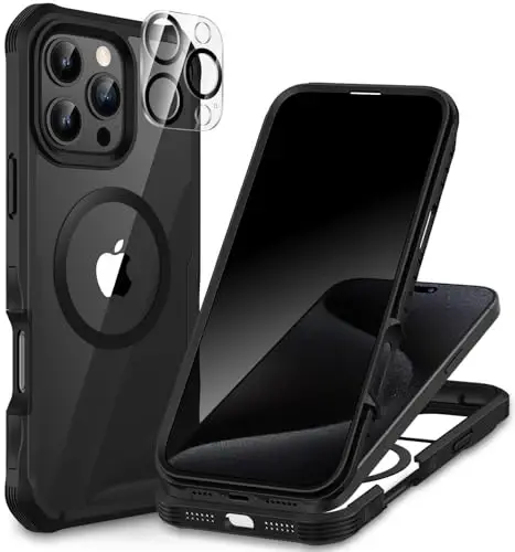 CENHUFO iPhone 16 Pro Max uchun magnitli maxfiylik g‘ilofi [Magsafe bilan mos keladi] O‘rnatilgan 9H temperlangan shisha maxfiylik ekrani himoyachisi, kamera linzalari himoyachisi, zarbga chidamli qopqoq - Qora - CENHUFO