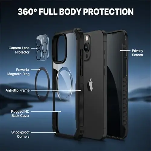 CENHUFO iPhone 16 Pro Max uchun magnitli maxfiylik g‘ilofi [Magsafe bilan mos keladi] O‘rnatilgan 9H temperlangan shisha maxfiylik ekrani himoyachisi, kamera linzalari himoyachisi, zarbga chidamli qopqoq - Qora - 3