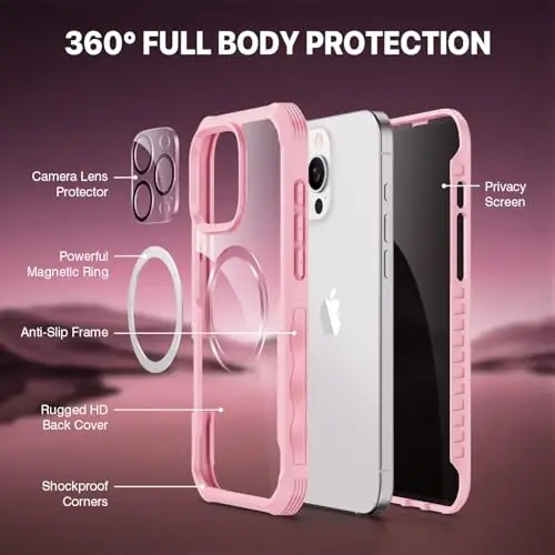 CENHUFO iPhone 16 Pro Max uchun magnitli maxfiylik g‘ilofi [Magsafe bilan mos keladi] To‘liq korpusli telefon g‘ilofi O‘rnatilgan 9H temperli shisha maxfiylik ekran himoyachisi Kamera linzalari himoyachisi, zarbga chidamli qopqoq - Pushti - 3