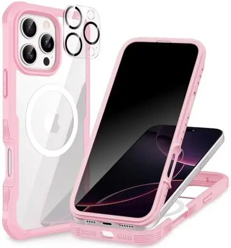 CENHUFO iPhone 16 Pro Max uchun magnitli maxfiylik g‘ilofi [Magsafe bilan mos keladi] To‘liq korpusli telefon g‘ilofi O‘rnatilgan 9H temperli shisha maxfiylik ekran himoyachisi Kamera linzalari himoyachisi, zarbga chidamli qopqoq - Pushti 