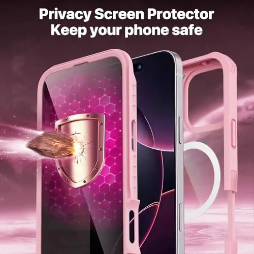 CENHUFO iPhone 16 Pro Max uchun magnitli maxfiylik g‘ilofi [Magsafe bilan mos keladi] To‘liq korpusli telefon g‘ilofi O‘rnatilgan 9H temperli shisha maxfiylik ekran himoyachisi Kamera linzalari himoyachisi, zarbga chidamli qopqoq - Pushti - 6