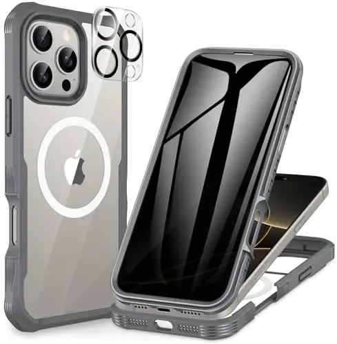 CENHUFO iPhone 16 Pro Max uchun magnitli maxfiylik g‘ilofi [Magsafe bilan mos] To‘liq korpusli telefon g‘ilofi O‘rnatilgan 9H закалённое стекло Maxfiylik ekran himoyachisi Kamera linzalari himoyachisi, зарбага chidamli qoplama - kulrang 