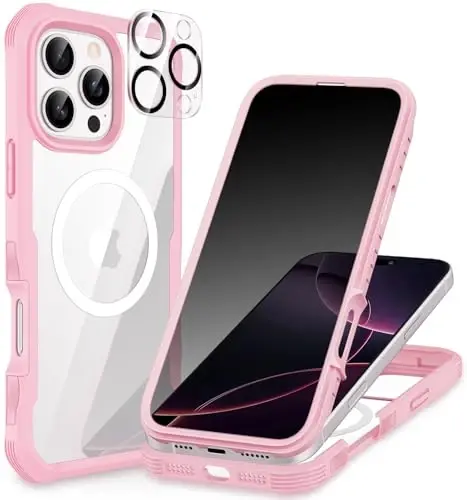 CENHUFO iPhone 16 Pro uchun magnitli maxfiylik gʻilofi [Magsafe bilan mos keladi] Oʻrnatilgan 9H temperlangan shisha maxfiylik ekran himoyachisi va kamera linzalari qopqogʻi, zarbga chidamli bamperga ega toʻliq korpusli telefon gʻilofi - pushti - CENHUFO
