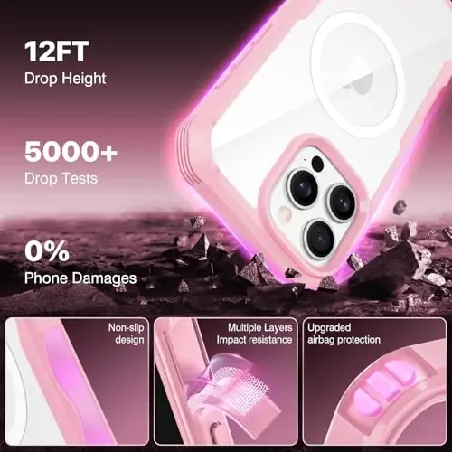 CENHUFO iPhone 16 Pro uchun magnitli maxfiylik gʻilofi [Magsafe bilan mos keladi] Oʻrnatilgan 9H temperlangan shisha maxfiylik ekran himoyachisi va kamera linzalari qopqogʻi, zarbga chidamli bamperga ega toʻliq korpusli telefon gʻilofi - pushti - 5