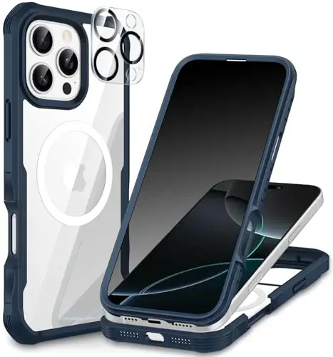 CENHUFO iPhone 16 Pro uchun magnitli shaxsiy qulf [Magsafe bilan mos] To'liq korpusli telefon qutisi O'rnatilgan 9H temperli shisha shaxsiy ekran himoyachisi va kamera linzalari qopqog'i, zarbga chidamli bamper - Moviy - CENHUFO