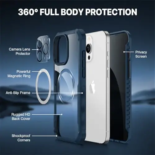 CENHUFO iPhone 16 Pro uchun magnitli shaxsiy qulf [Magsafe bilan mos] To'liq korpusli telefon qutisi O'rnatilgan 9H temperli shisha shaxsiy ekran himoyachisi va kamera linzalari qopqog'i, zarbga chidamli bamper - Moviy - 3