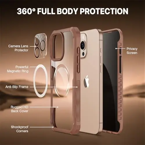 CENHUFO iPhone 16 Pro uchun Maxfiylik qutisi, Magsafe Magnitli to'liq korpus bilan mos keladi, O'rnatilgan 9H Temperli Shisha Maxfiylik Ekran Himoyachisi va Kamera Lenza Himoyachisi, Zarba o'tkazmaydigan qopqoq - Desert Brown - 3