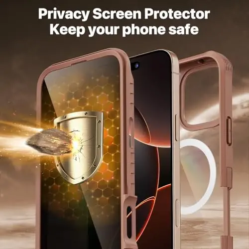 CENHUFO iPhone 16 Pro uchun Maxfiylik qutisi, Magsafe Magnitli to'liq korpus bilan mos keladi, O'rnatilgan 9H Temperli Shisha Maxfiylik Ekran Himoyachisi va Kamera Lenza Himoyachisi, Zarba o'tkazmaydigan qopqoq - Desert Brown - 6