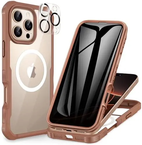 CENHUFO iPhone 16 Pro uchun Maxfiylik qutisi, Magsafe Magnitli to'liq korpus bilan mos keladi, O'rnatilgan 9H Temperli Shisha Maxfiylik Ekran Himoyachisi va Kamera Lenza Himoyachisi, Zarba o'tkazmaydigan qopqoq - Desert Brown 