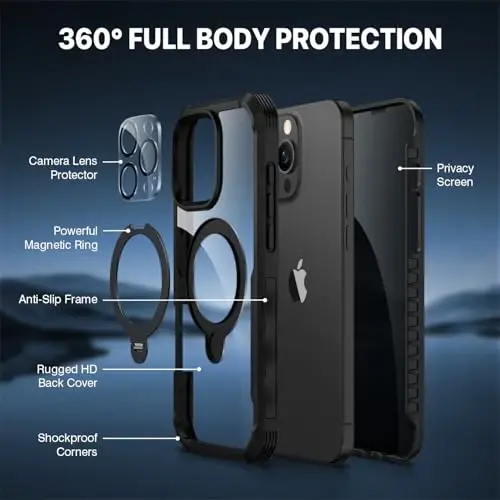 CENHUFO iPhone 16 Pro uchun shaxsiy qulf [Magsafe bilan mos keladi] To'liq korpusli telefon qutisi O'rnatilgan 9H temperli shisha shaxsiy ekran himoyachisi va 360° aylanadigan magnit stend halqasi, kamera linzalari qopqog'i -Qora - 3