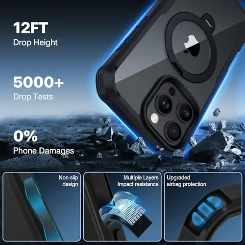 CENHUFO iPhone 16 Pro uchun shaxsiy qulf [Magsafe bilan mos keladi] To'liq korpusli telefon qutisi O'rnatilgan 9H temperli shisha shaxsiy ekran himoyachisi va 360° aylanadigan magnit stend halqasi, kamera linzalari qopqog'i -Qora - 5