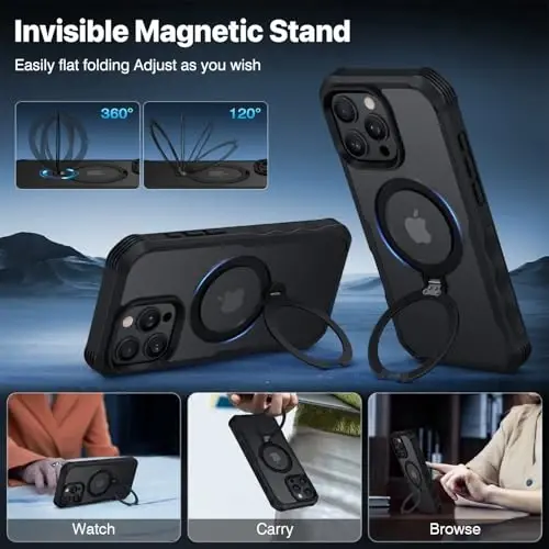 CENHUFO iPhone 16 Pro uchun shaxsiy qulf [Magsafe bilan mos keladi] To'liq korpusli telefon qutisi O'rnatilgan 9H temperli shisha shaxsiy ekran himoyachisi va 360° aylanadigan magnit stend halqasi, kamera linzalari qopqog'i -Qora - 6