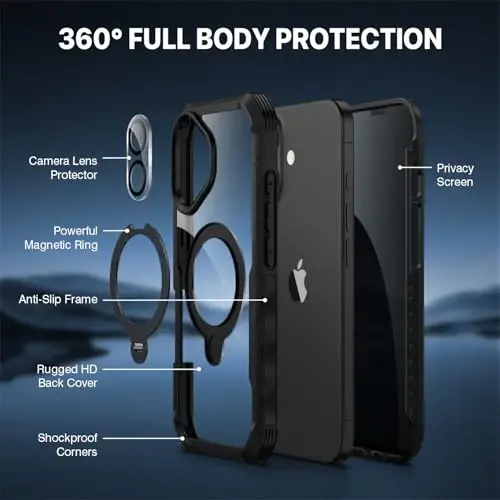 CENHUFO iPhone 16 uchun g'ilof [Magsafe bilan mos keladi] To'liq korpusli telefon g'ilofi O'rnatilgan 9H temperli shisha maxfiylik ekran himoyachisi va 360° aylanadigan magnit stend halqasi, Kamera linzalari qopqog'i - Qora - 3