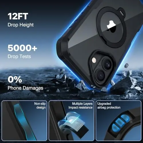 CENHUFO iPhone 16 uchun g'ilof [Magsafe bilan mos keladi] To'liq korpusli telefon g'ilofi O'rnatilgan 9H temperli shisha maxfiylik ekran himoyachisi va 360° aylanadigan magnit stend halqasi, Kamera linzalari qopqog'i - Qora - 4