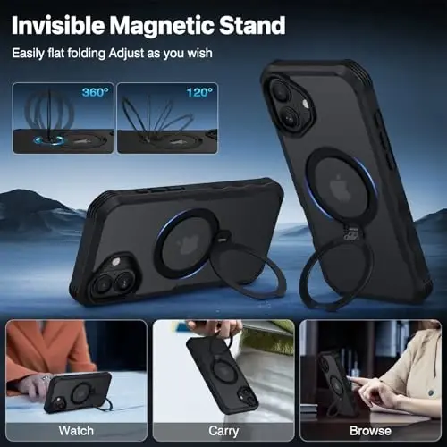 CENHUFO iPhone 16 uchun g'ilof [Magsafe bilan mos keladi] To'liq korpusli telefon g'ilofi O'rnatilgan 9H temperli shisha maxfiylik ekran himoyachisi va 360° aylanadigan magnit stend halqasi, Kamera linzalari qopqog'i - Qora - 6
