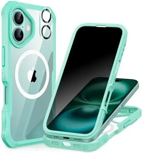 CENHUFO iPhone 16 uchun magnitli maxfiylik g‘ilofi [Magsafe bilan mos keladi] O‘rnatilgan 9H temperli shisha maxfiylik ekran himoyachisi va kamera linzalari qopqog‘i, zarbga chidamli bamperli tiniq g‘ilof - Yashil 