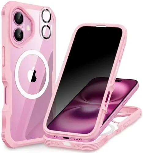 CENHUFO iPhone 16 uchun magnitli maxfiylik g'ilofi [Magsafe bilan mos keladi] O'rnatilgan 9H temperli shisha maxfiylik ekrani va kamera linzalari qopqog'i, zarbga chidamli bamperli tiniq - pushti 