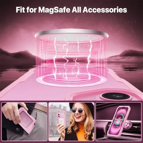 CENHUFO iPhone 16 uchun magnitli maxfiylik g'ilofi [Magsafe bilan mos keladi] O'rnatilgan 9H temperli shisha maxfiylik ekrani va kamera linzalari qopqog'i, zarbga chidamli bamperli tiniq - pushti - 4
