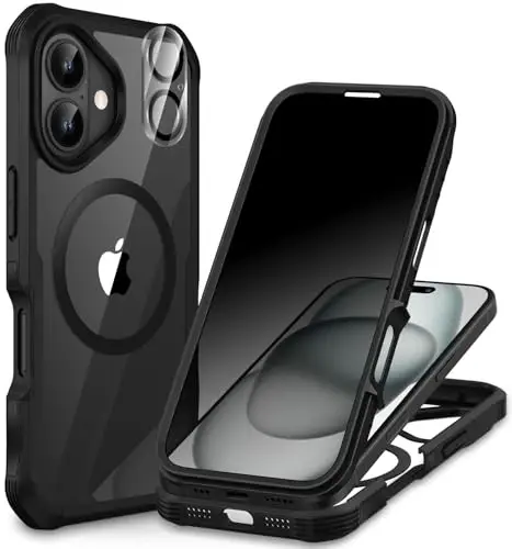 CENHUFO iPhone 16 uchun magnitli maxfiylik g‘ilofi [Magsafe bilan mos] To‘liq korpusli telefon g‘ilofi O‘rnatilgan 9H temperlangan shisha maxfiylik ekrani himoyachisi va kamera linzalari qopqog‘i, zarbga chidamli bamper shaffof - Qora 