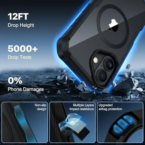 CENHUFO iPhone 16 uchun magnitli maxfiylik g‘ilofi [Magsafe bilan mos] To‘liq korpusli telefon g‘ilofi O‘rnatilgan 9H temperlangan shisha maxfiylik ekrani himoyachisi va kamera linzalari qopqog‘i, zarbga chidamli bamper shaffof - Qora - 5