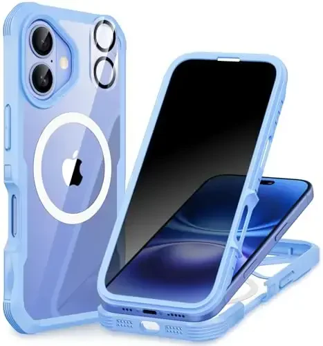 CENHUFO iPhone 16 uchun magnitli maxfiylik g'ilofi [Magsafe bilan mos] To'liq korpusli telefon g'ilofi O'rnatilgan 9H temperli shisha maxfiylik ekrani himoyachisi va kamera linzalari qopqog'i, zarbga chidamli bamper tiniq - ko'k 