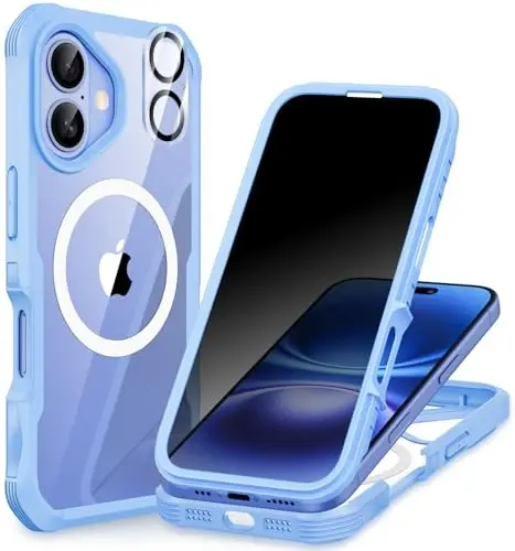 CENHUFO iPhone 16 uchun magnitli maxfiylik g'ilofi [Magsafe bilan mos] To'liq korpusli telefon g'ilofi O'rnatilgan 9H temperli shisha maxfiylik ekrani himoyachisi va kamera linzalari qopqog'i, zarbga chidamli bamper tiniq - ko'k 