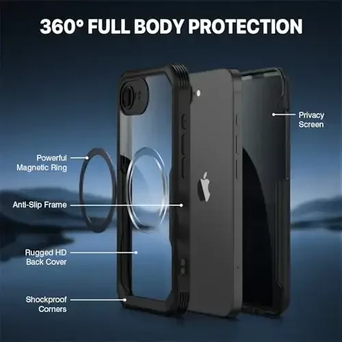 CENHUFO Magnetic Privacy for iPhone 16E Case [Compatible with Magsafe] Full Body Phone Case Built-in 9H Tempered Glass Privacy Screen Protector and Camera Protector, Shockproof Bumper Cover -Black - 3