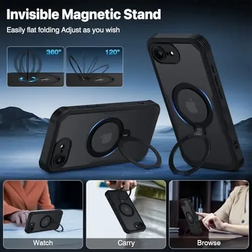 CENHUFO Privacy for iPhone 16E Case [Compatible with Magsafe] Full Body Phone Case Built-in 9H Tempered Glass Privacy Screen Protector and 360° Spin Magnetic Stand Ring, Shockproof Cover - Black - 5