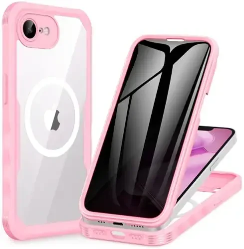 CENHUFO iPhone 16E uchun magnitli maxfiylik gʻilofi [Magsafe bilan mos keladi] Toʻliq korpusli telefon gʻilofi Oʻrnatilgan 9H temperlangan shisha maxfiylik ekran himoyachisi va kamera himoyachisi, zarbga chidamli bamper qopqogʻi - Pushti 