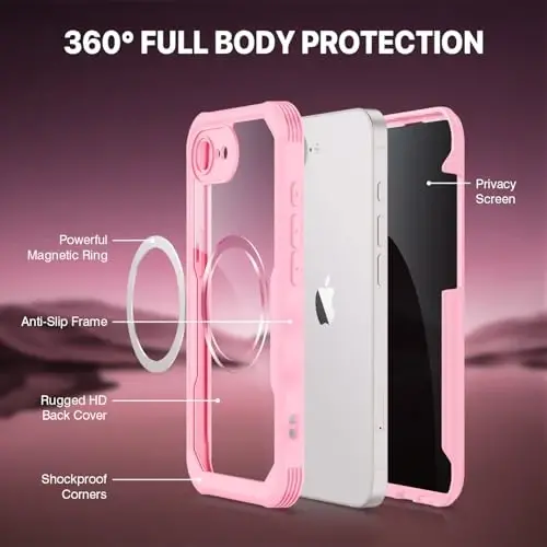 CENHUFO iPhone 16E uchun magnitli maxfiylik gʻilofi [Magsafe bilan mos keladi] Toʻliq korpusli telefon gʻilofi Oʻrnatilgan 9H temperlangan shisha maxfiylik ekran himoyachisi va kamera himoyachisi, zarbga chidamli bamper qopqogʻi - Pushti - 3