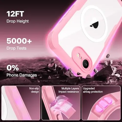 CENHUFO iPhone 16E uchun magnitli maxfiylik gʻilofi [Magsafe bilan mos keladi] Toʻliq korpusli telefon gʻilofi Oʻrnatilgan 9H temperlangan shisha maxfiylik ekran himoyachisi va kamera himoyachisi, zarbga chidamli bamper qopqogʻi - Pushti - 4