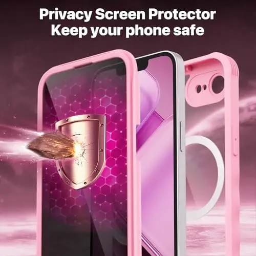 CENHUFO iPhone 16E uchun magnitli maxfiylik gʻilofi [Magsafe bilan mos keladi] Toʻliq korpusli telefon gʻilofi Oʻrnatilgan 9H temperlangan shisha maxfiylik ekran himoyachisi va kamera himoyachisi, zarbga chidamli bamper qopqogʻi - Pushti - 6
