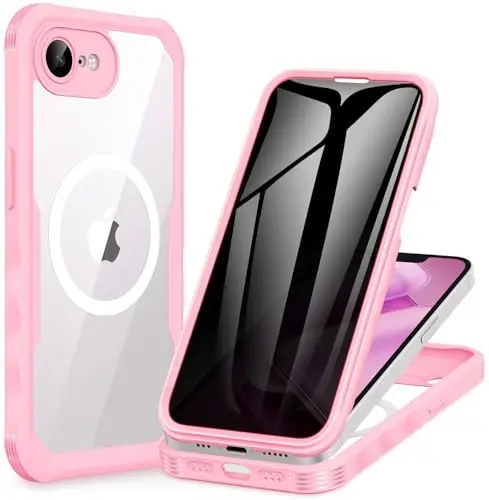 CENHUFO iPhone 16E uchun magnitli maxfiylik gʻilofi [Magsafe bilan mos keladi] Toʻliq korpusli telefon gʻilofi Oʻrnatilgan 9H temperlangan shisha maxfiylik ekran himoyachisi va kamera himoyachisi, zarbga chidamli bamper qopqogʻi - Pushti - 1