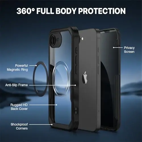 CENHUFO iPhone 16E uchun magnitli maxfiylik g'ilofi [Magsafe bilan mos keladi] To'liq korpusli telefon g'ilofi O'rnatilgan 9H temperli shisha maxfiylik ekran himoyachisi va kamera himoyachisi, zarbga chidamli bamper qopqog'i -Qora - 3