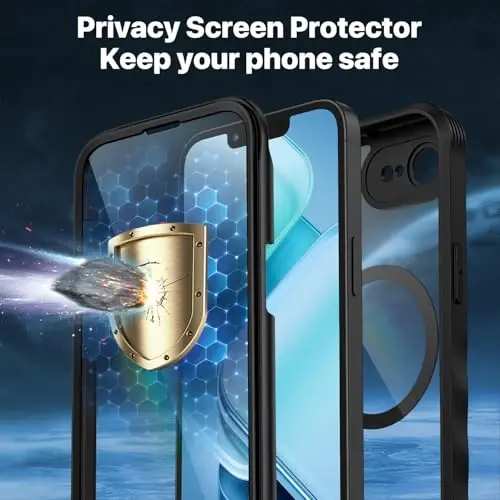 CENHUFO iPhone 16E uchun magnitli maxfiylik g'ilofi [Magsafe bilan mos keladi] To'liq korpusli telefon g'ilofi O'rnatilgan 9H temperli shisha maxfiylik ekran himoyachisi va kamera himoyachisi, zarbga chidamli bamper qopqog'i -Qora - 6