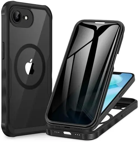 CENHUFO iPhone 16E uchun magnitli maxfiylik g'ilofi [Magsafe bilan mos keladi] To'liq korpusli telefon g'ilofi O'rnatilgan 9H temperli shisha maxfiylik ekran himoyachisi va kamera himoyachisi, zarbga chidamli bamper qopqog'i -Qora - CENHUFO