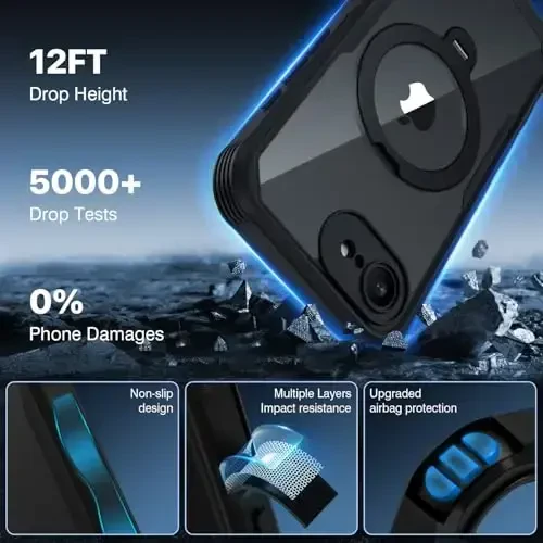 CENHUFO iPhone 16E uchun maxfiylik g‘ilofi [Magsafe bilan mos keladi] To‘liq korpusli telefon g‘ilofi O‘rnatilgan 9H temperlangan shisha maxfiylik ekran himoyachisi va 360° aylanuvchi magnit stend halqasi, zarbga chidamli qopqoq - Qora - 6