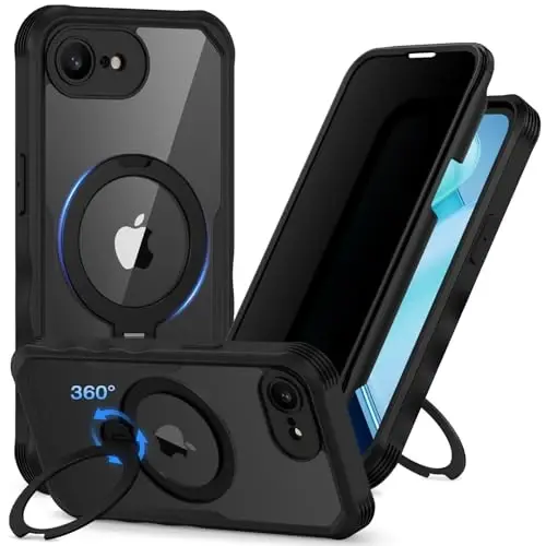 CENHUFO iPhone 16E uchun maxfiylik g‘ilofi [Magsafe bilan mos keladi] To‘liq korpusli telefon g‘ilofi O‘rnatilgan 9H temperlangan shisha maxfiylik ekran himoyachisi va 360° aylanuvchi magnit stend halqasi, zarbga chidamli qopqoq - Qora - CENHUFO