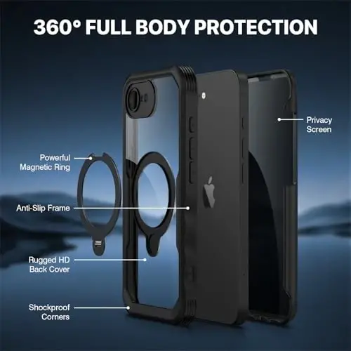 CENHUFO iPhone 16E uchun maxfiylik g‘ilofi [Magsafe bilan mos keladi] To‘liq korpusli telefon g‘ilofi O‘rnatilgan 9H temperlangan shisha maxfiylik ekran himoyachisi va 360° aylanuvchi magnit stend halqasi, zarbga chidamli qopqoq - Qora - 3