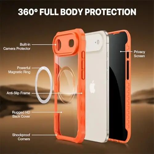 CENHUFO iPhone 17 Air Kılıf için Manyetik Gizlilik [Magsafe ile Uyumlu] Tam Gövde Telefon Kılıfı Dahili 9H Temperli Cam Gizlilik Ekran Koruyucu, Kamera Koruması Darbeye Dayanıklı Tampon Kapak -Turuncu - 3