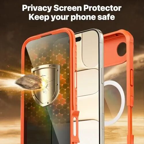 CENHUFO iPhone 17 Air Kılıf için Manyetik Gizlilik [Magsafe ile Uyumlu] Tam Gövde Telefon Kılıfı Dahili 9H Temperli Cam Gizlilik Ekran Koruyucu, Kamera Koruması Darbeye Dayanıklı Tampon Kapak -Turuncu - 5