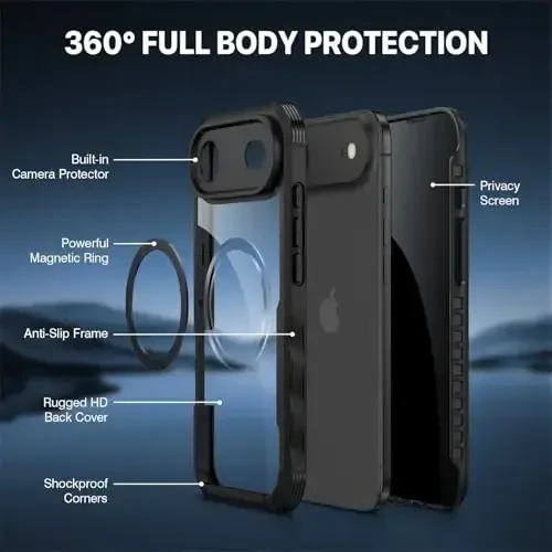 CENHUFO iPhone 17 Air uchun magnit maxfiylik g‘ilofi [Magsafe bilan mos] To‘liq korpusli telefon g‘ilofi O‘rnatilgan 9H temperlangan shisha maxfiylik ekrani himoyachisi, kamera himoyasi zarbga chidamli bamper qopqog‘i - qora - 3